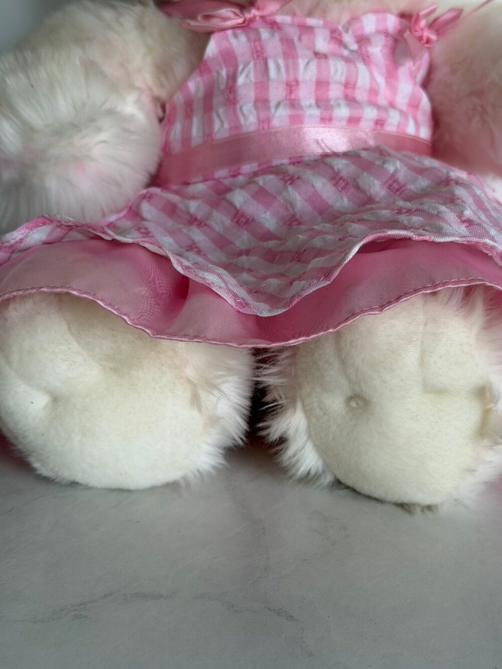 Build A Bear White Pink Marbled Teddy Bear Gingham Dress Stuffed Animal Y2K - Picture 2 of 15